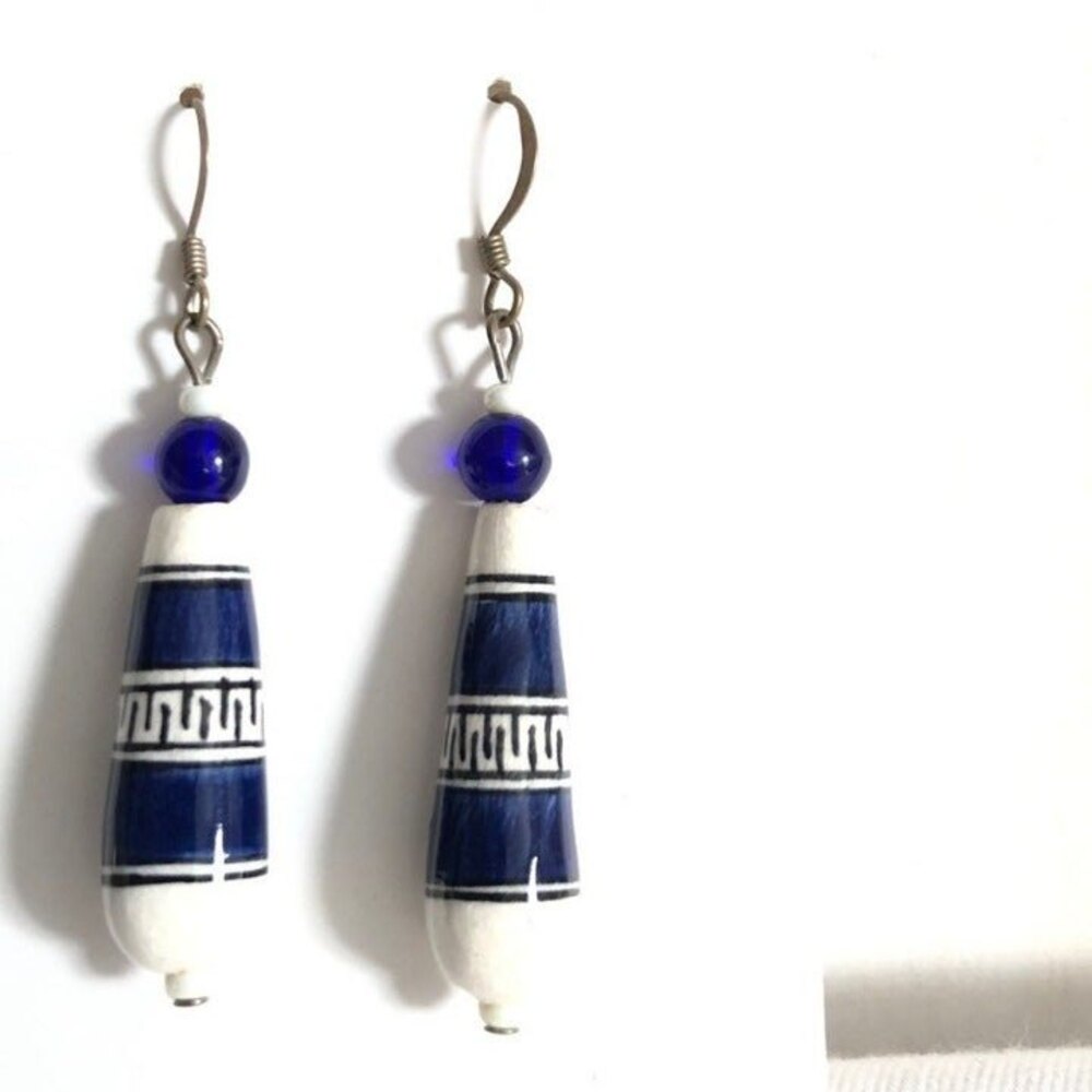 Wooden Drop Dangle Earrings Blue White